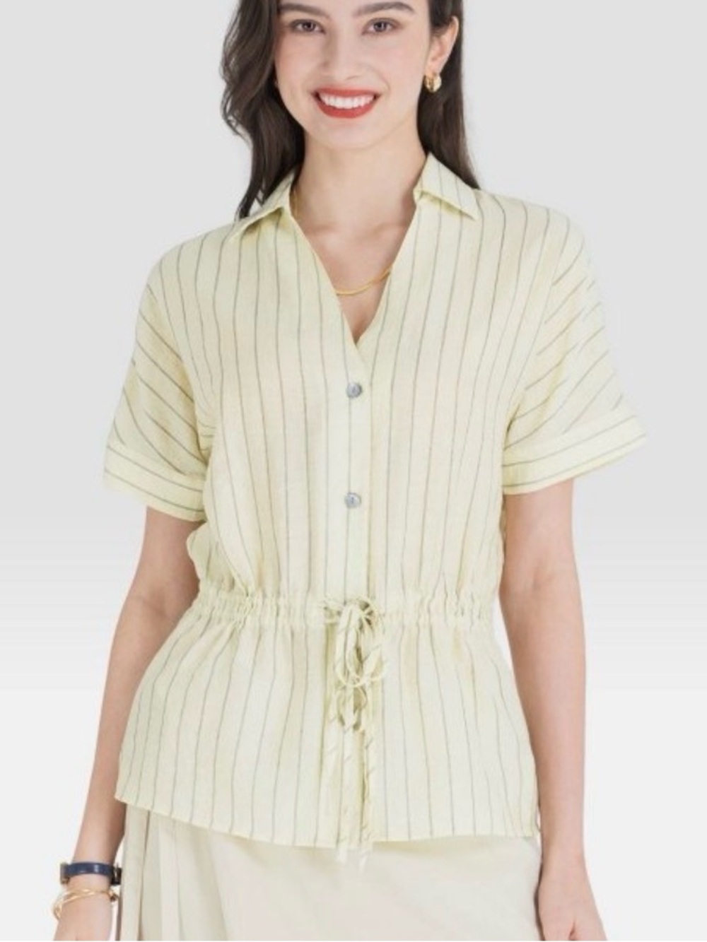 a new day Pale Yellow Pinstripe Drawstring Button-Front Shirt
